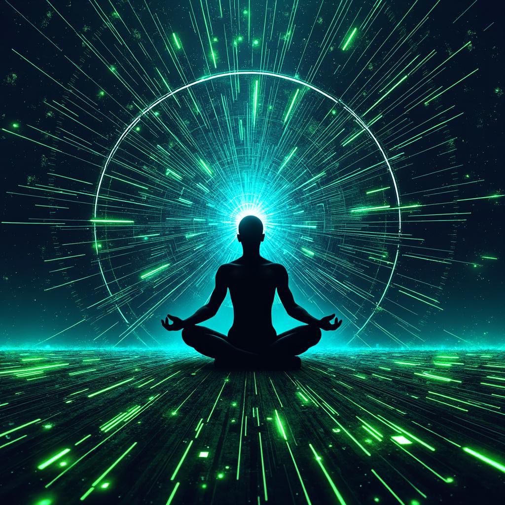 Person meditating in digital space with green quantum energy lines