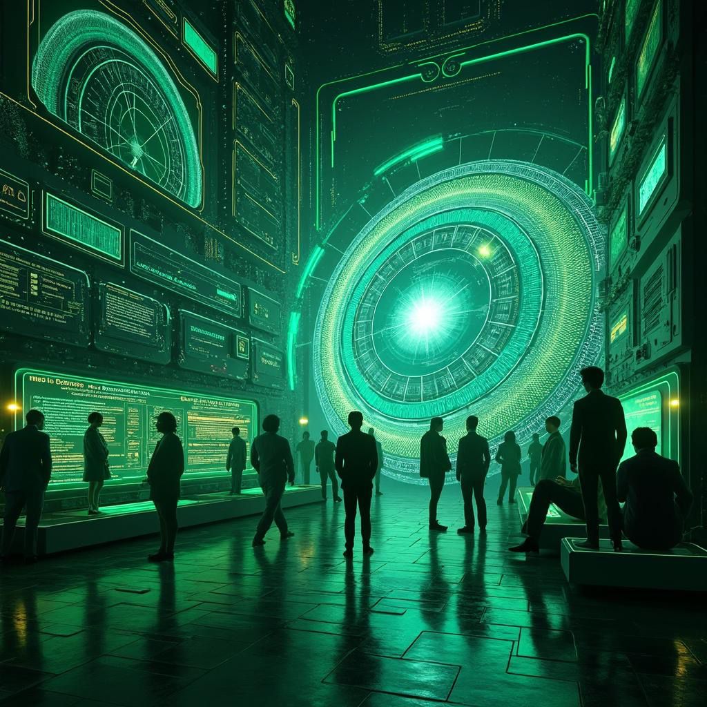 People walking in a digital city environment inspired by quantum computing